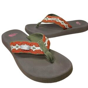 The North Face Thong Flip Flop Sandals Women Sz 7 Red Green Canvas Comfort Shoes